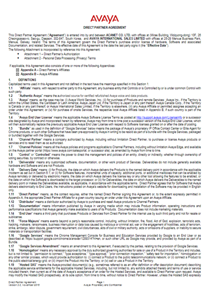 AVAYA Direct Partner Agreement
